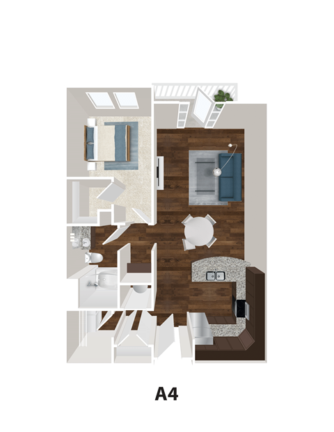 A4 floor plan of a room with furniture and appliances.